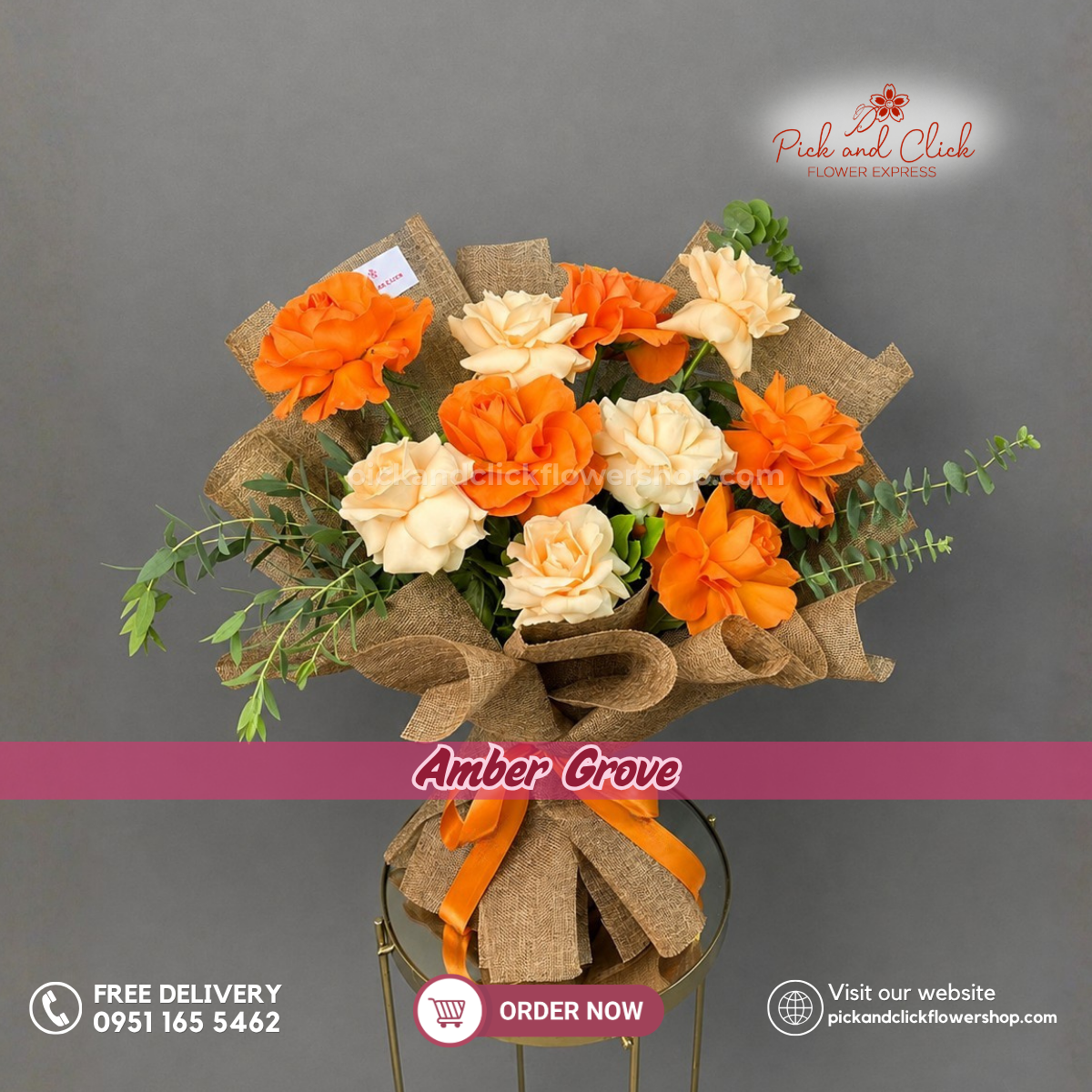 Amber Grove Bouquet featuring 5 Peach Roses, 5 Orange Roses, Eucalyptus, and Parvi Leaves in a warm peach and orange flower arrangement, perfect for birthdays, congratulations, appreciation gifts, anniversaries, and special occasions in Metro Manila, Philippines.