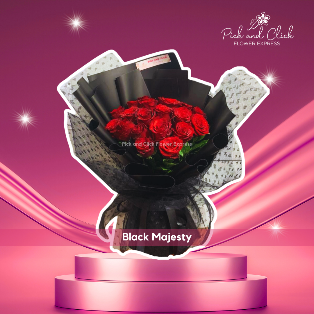 Bouquet of red China roses wrapped in sleek black paper and black net, perfect for bold romantic gestures