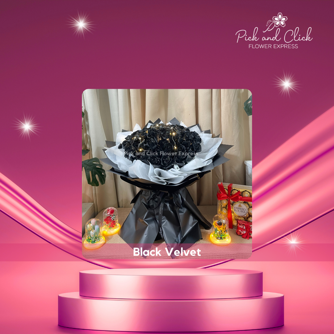 Large bouquet of imported black roses, elegantly arranged for a bold and luxurious floral statement