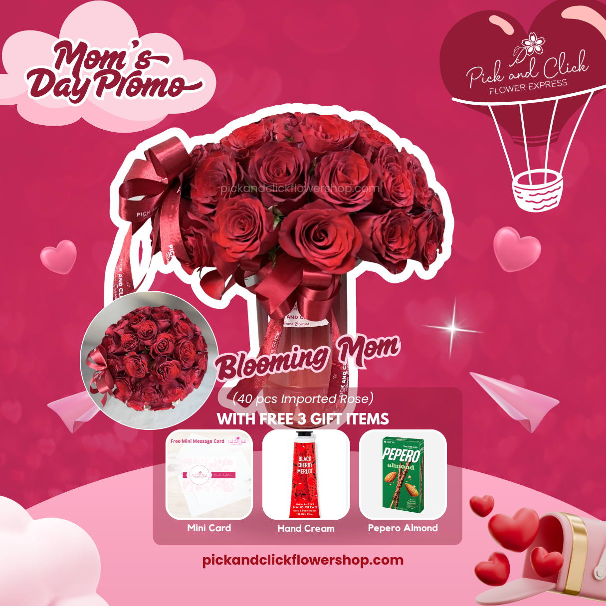 Blooming Mom ceramic vase arrangement featuring 40 imported red roses with mini card, hand cream, and Pepero Almond for a heartfelt Mother’s Day gift.