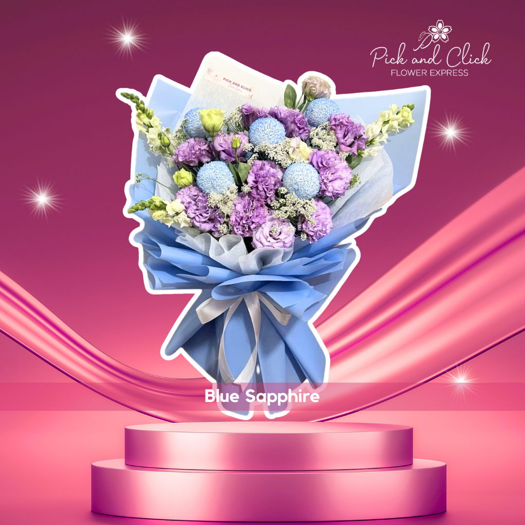 Bouquet of imported purple rose, purple carnation, ping pong mums, snapdragon, and Queen Anne’s in blue and white wrap — elegant and enchanting gift