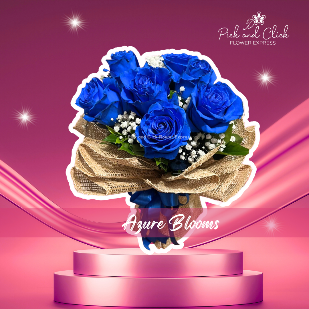 Bouquet with blue sprayed Ecuadorian rose and gypsophila in burlap wrap