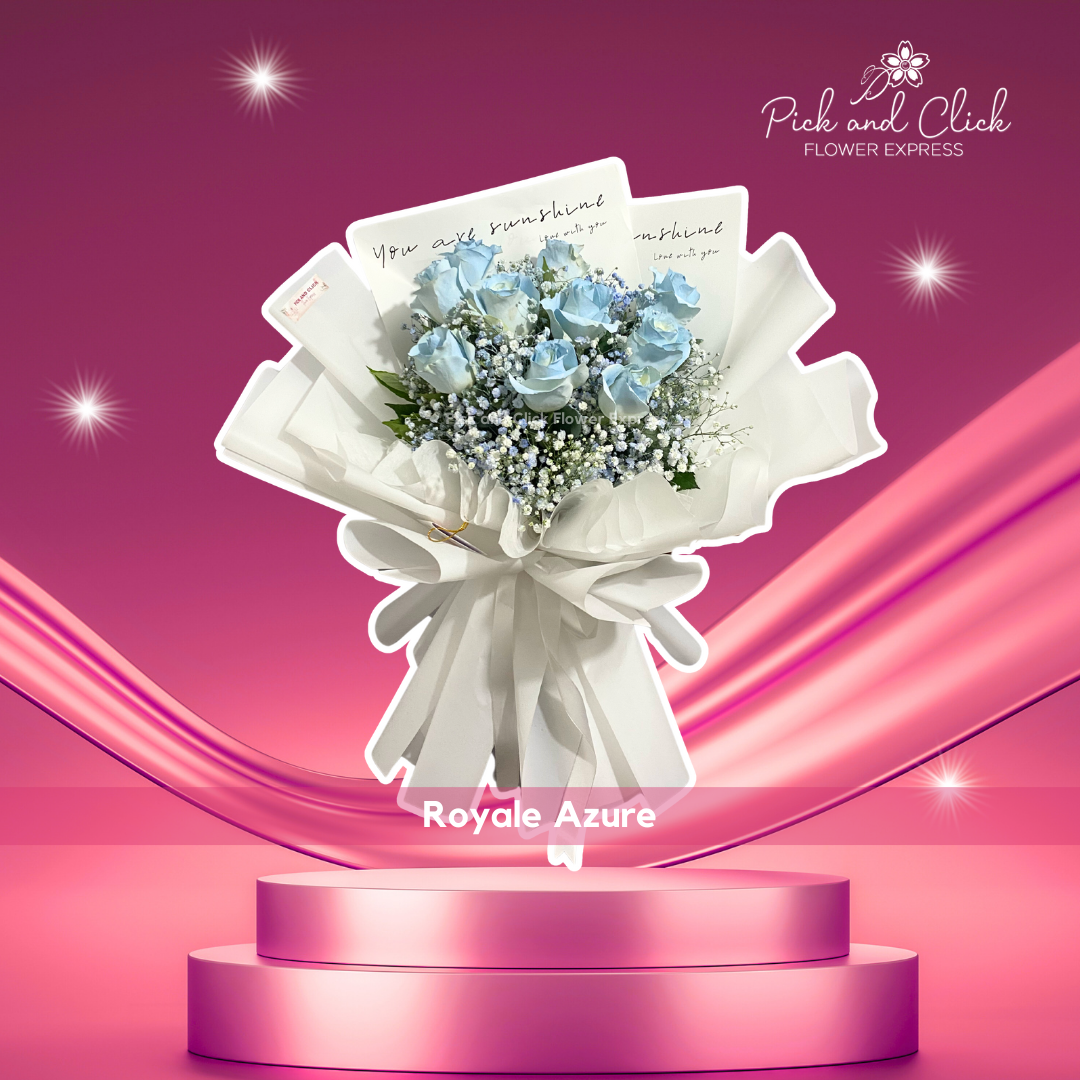 Bouquet with white China rose and gypsophila with a touch of blue spray in white wrap