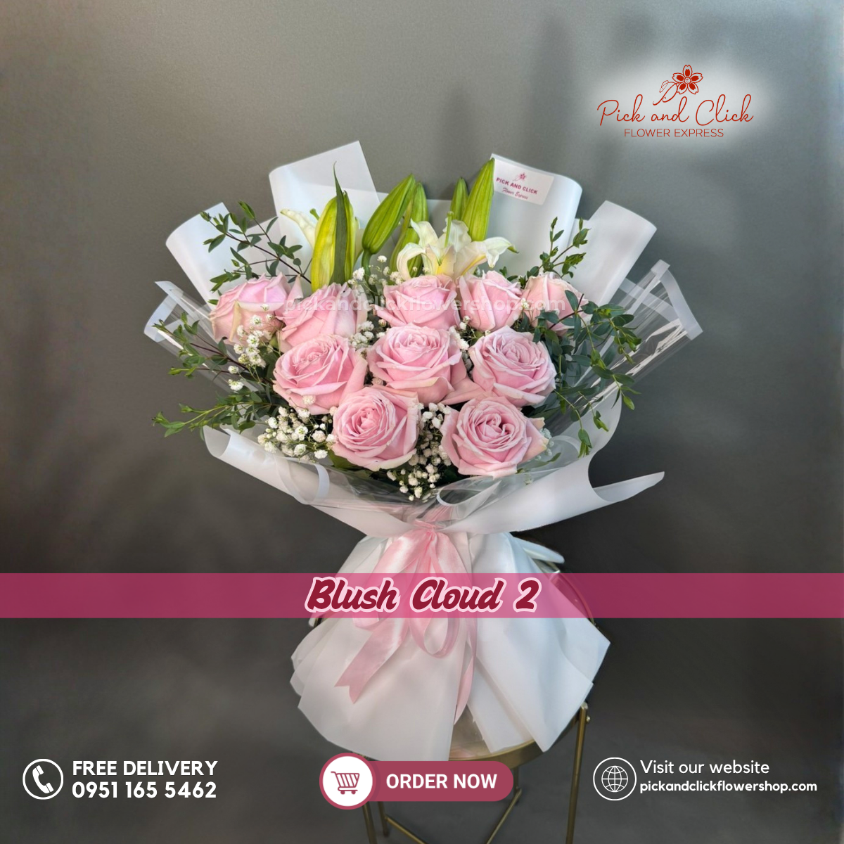 Blush Cloud 2 bouquet featuring Light Pink Avalanche roses, white stargazers, gypsophila, and parvi leaves in a luxurious floral arrangement.