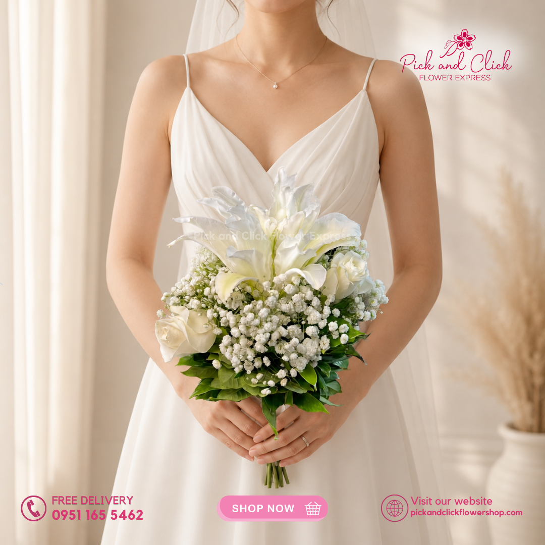 Bridal Bouquet 23 featuring 3 Imported White Roses, 1 Stem Double-Petal White Lily, Gypsophila, and Rosal in an elegant white bridal bouquet in the Philippines.
