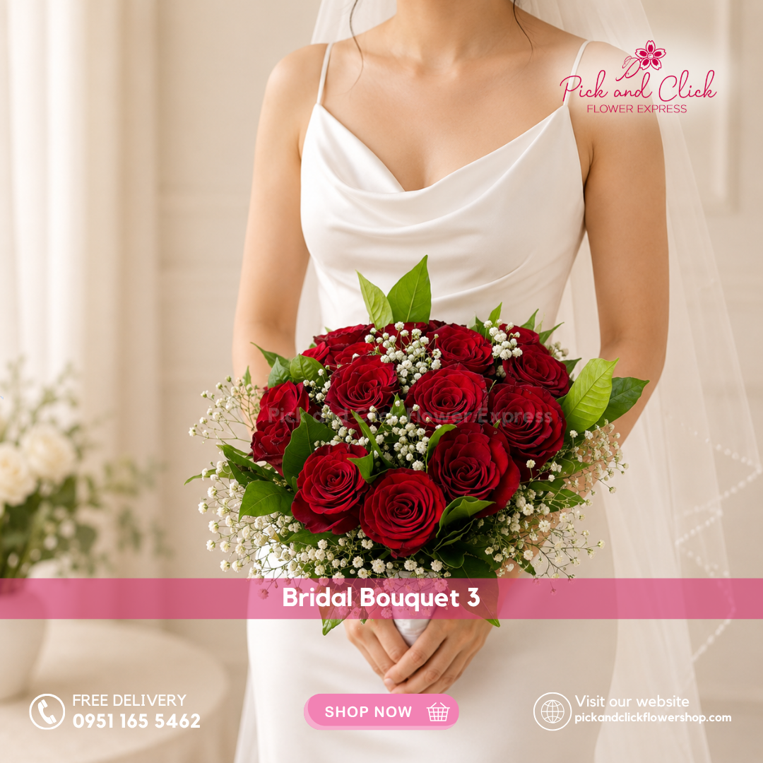 Bridal Bouquet 3 featuring 18 Imported Red Roses with Gypsophila and Rosal in an elegant hand-tied red rose wedding bouquet, perfect for brides, wedding ceremonies, church weddings, bridal photoshoots, and wedding celebrations in Metro Manila, Philippines.