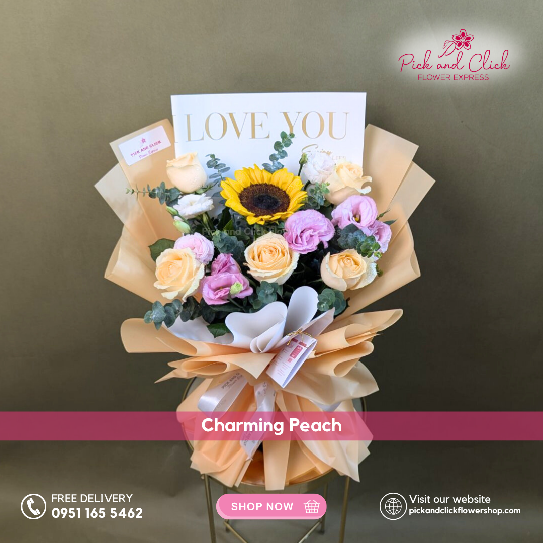 Bouquet of flowers with 'Love You' card and Pick and Click Flower Express branding.