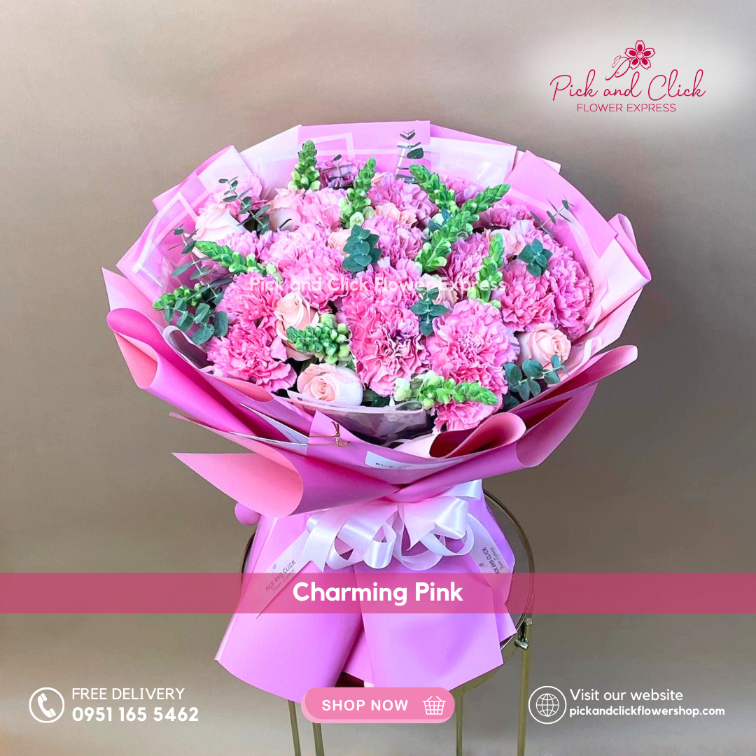 Charming Pink Bouquet featuring imported light pink roses, hot pink carnations, and snapdragons, arranged in a festive and vibrant floral design in the Philippines.