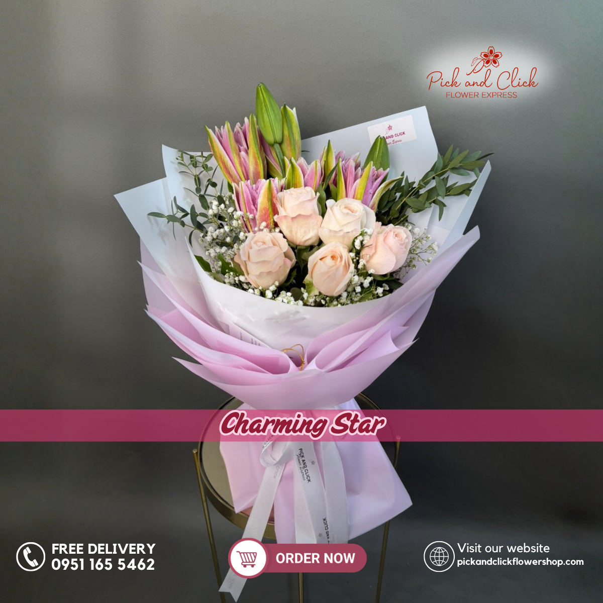 Charming Star bouquet featuring roses, double petal pink stargazers, gypsophila, and parvi leaves in an elegant floral arrangement.