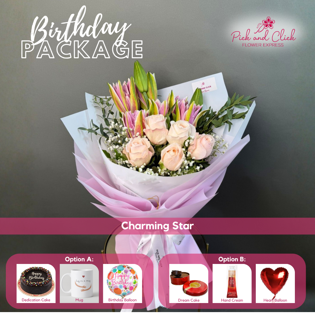 Charming Star Birthday Package featuring 5 pink roses, 2 stems of double-petal pink stargazers, gypsophila, and parvi leaves with a birthday cake and gift options.