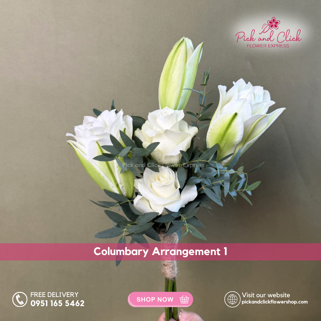 Columbary Arrangement 2 featuring imported white roses, double petal white stargazers, and parvi leaves, a serene and elegant floral arrangement designed for memorial visits, and respectful tributes in the Philippines.