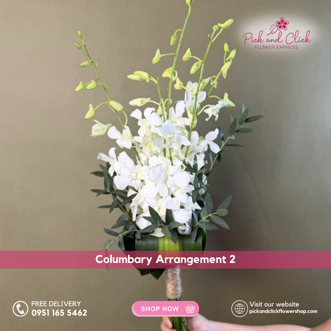 Columbary Arrangement 2 featuring white orchids accented with parvi leaves and fortune leaves, a serene and elegant floral arrangement designed for memorial visits, and respectful tributes in the Philippines.