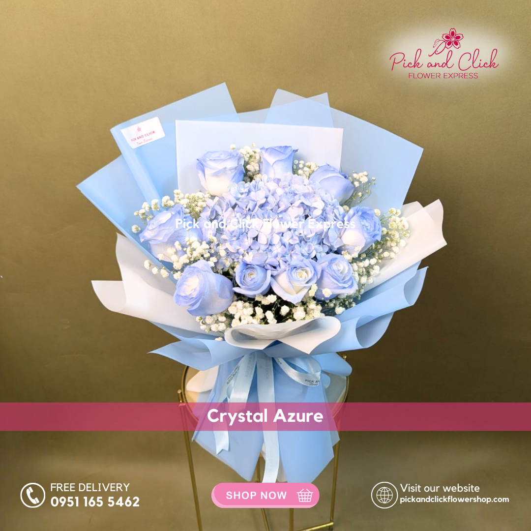Crystal Azure Bouquet featuring blue sprayed imported white roses, blue sprayed hydrangea, and delicate gypsophila, a luxurious and elegant floral arrangement perfect for birthdays, anniversaries, and special occasions in the Philippines.