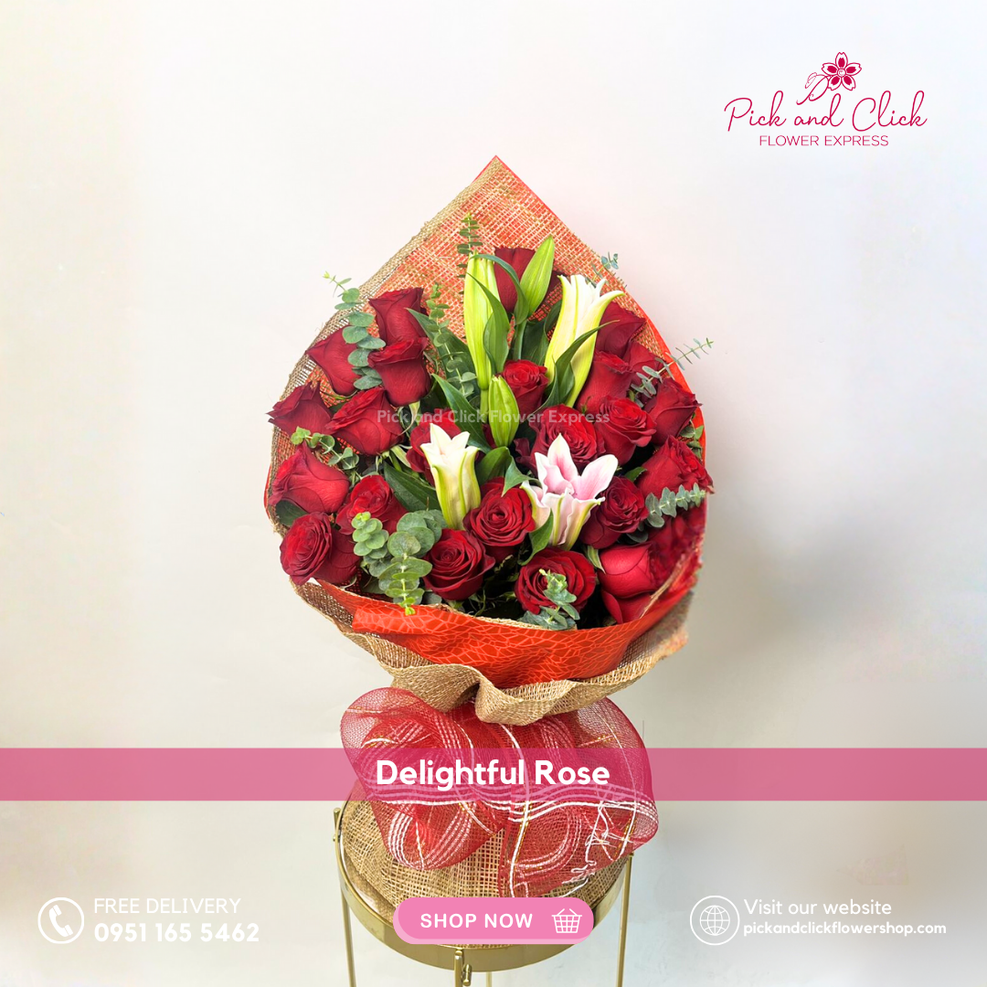 Delightful Rose Bouquet featuring imported red roses, pink stargazer lilies, and fresh eucalyptus, a rich and elegant floral arrangement perfect for romantic gifts, anniversaries, birthdays, and special occasions in the Philippines.