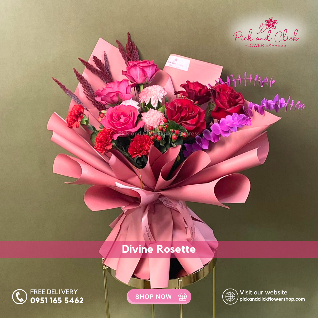 Divine Rosette Bouquet featuring imported red roses, fuchsia pink roses, red carnations, pink sprayed wonder white, and decorative berries, a rich and luxurious floral arrangement perfect for romantic gifts, birthdays, anniversaries, and special occasions in the Philippines.