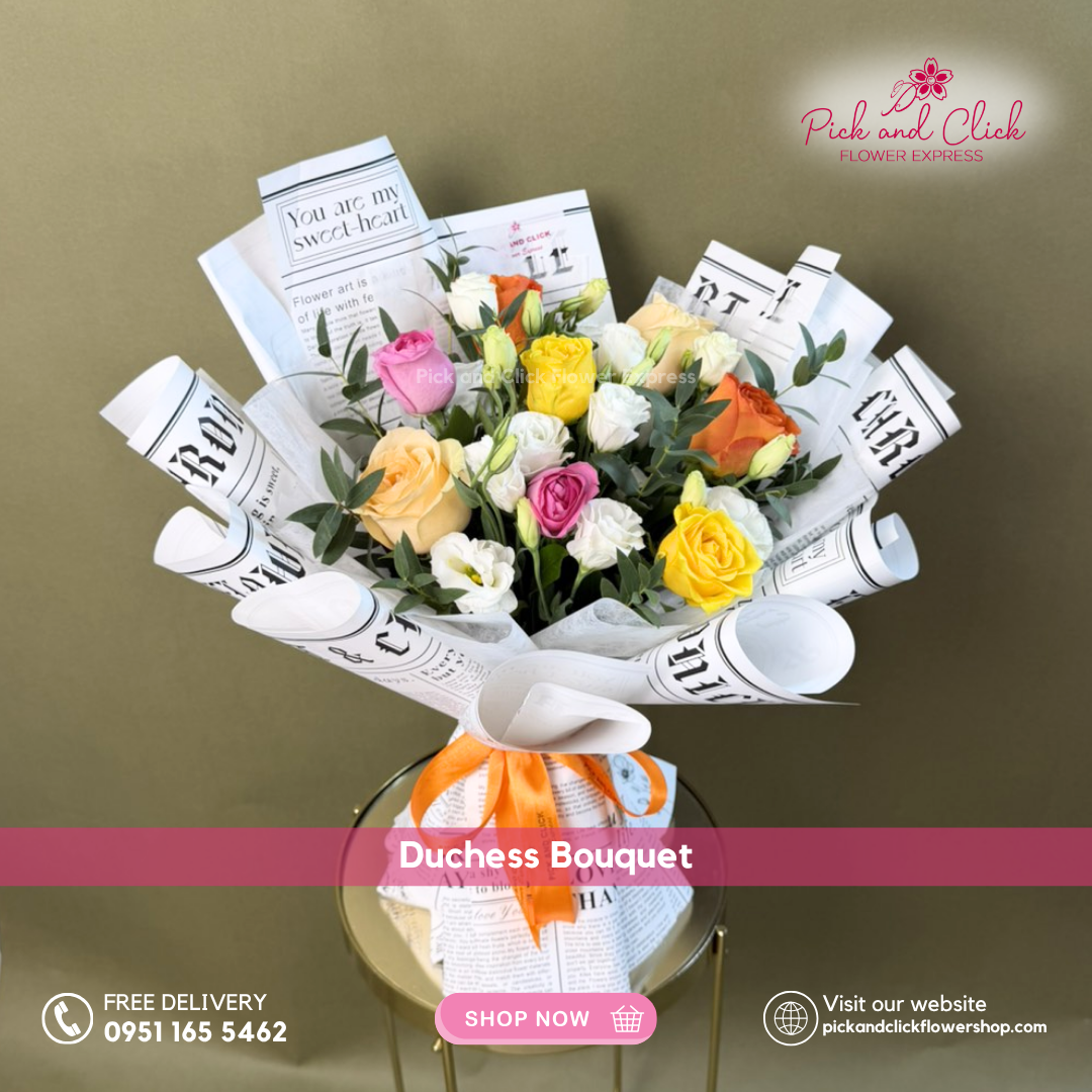 Duchess Bouquet featuring imported yellow, peach, orange, and hot pink roses paired with white lisianthus, a vibrant and elegant floral arrangement perfect for birthdays, celebrations, and special occasions in the Philippines.