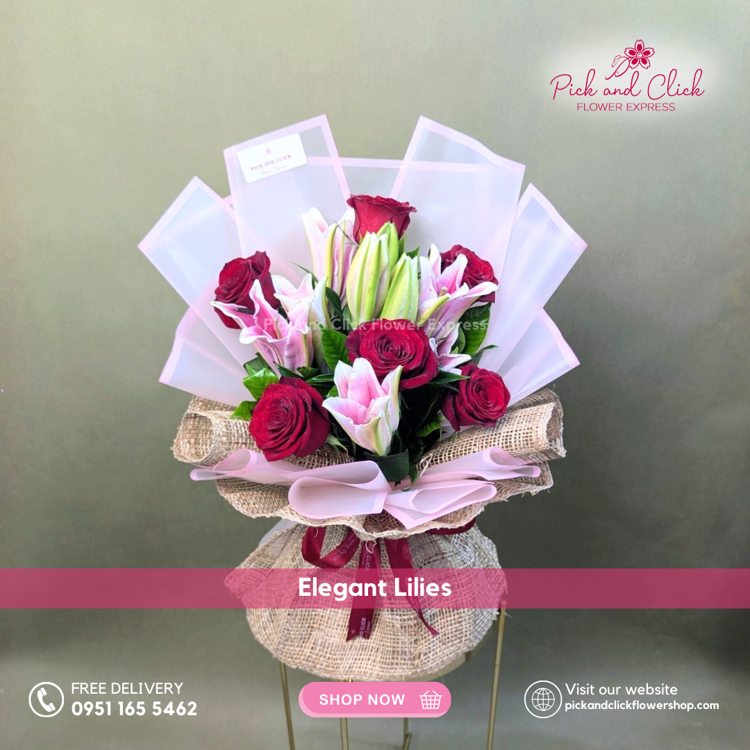 Elegant Lilies Bouquet featuring pink stargazer lilies and red roses arranged in a rich and elegant floral design, a romantic bouquet perfect for anniversaries, birthdays, and special occasions in the Philippine.