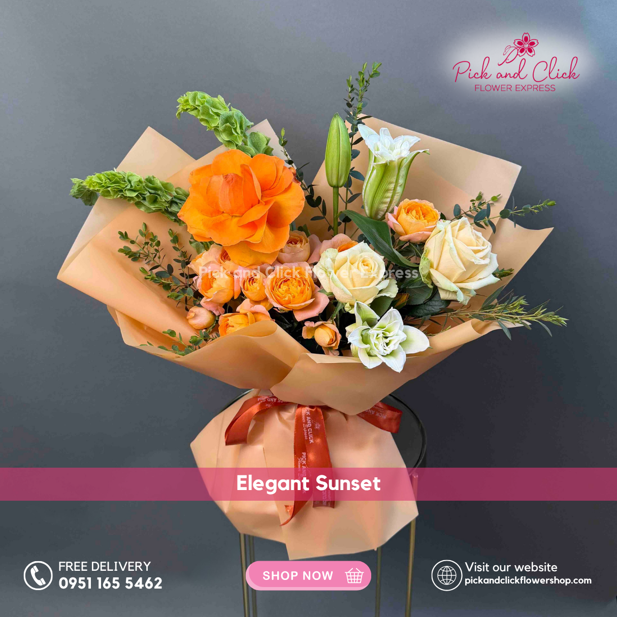 Elegant Sunset bouquet featuring orange and peach roses, white double petal stargazers, orange spray roses, parvi leaves, and Bells of Ireland arranged in a vibrant floral design.