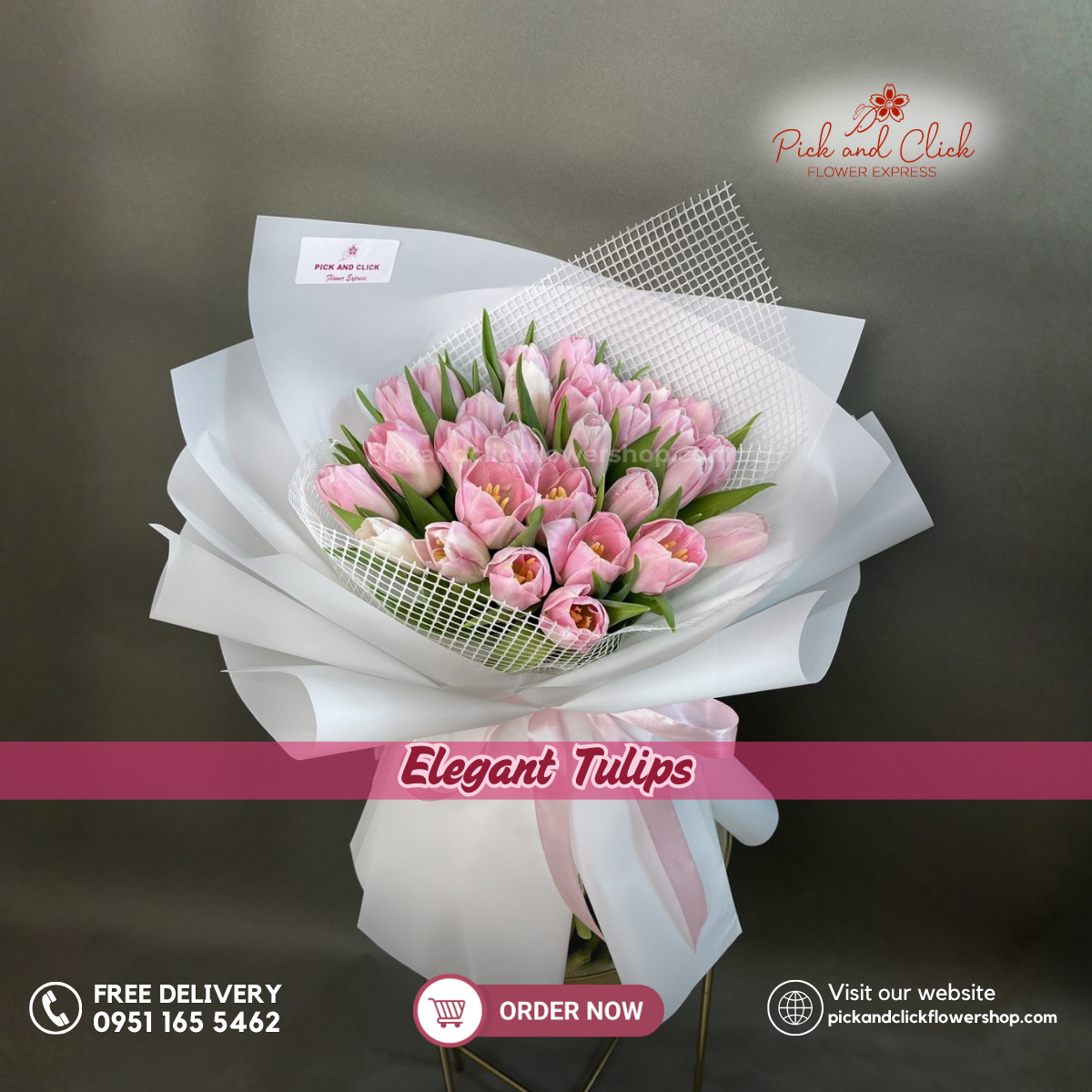 Elegant Tulips Bouquet featuring 30 premium pink tulips arranged in an elegant floral design with soft pink tones, a timeless and sophisticated bouquet perfect for birthdays, anniversaries, romantic gifts, weddings, and special occasions in the Philippines.