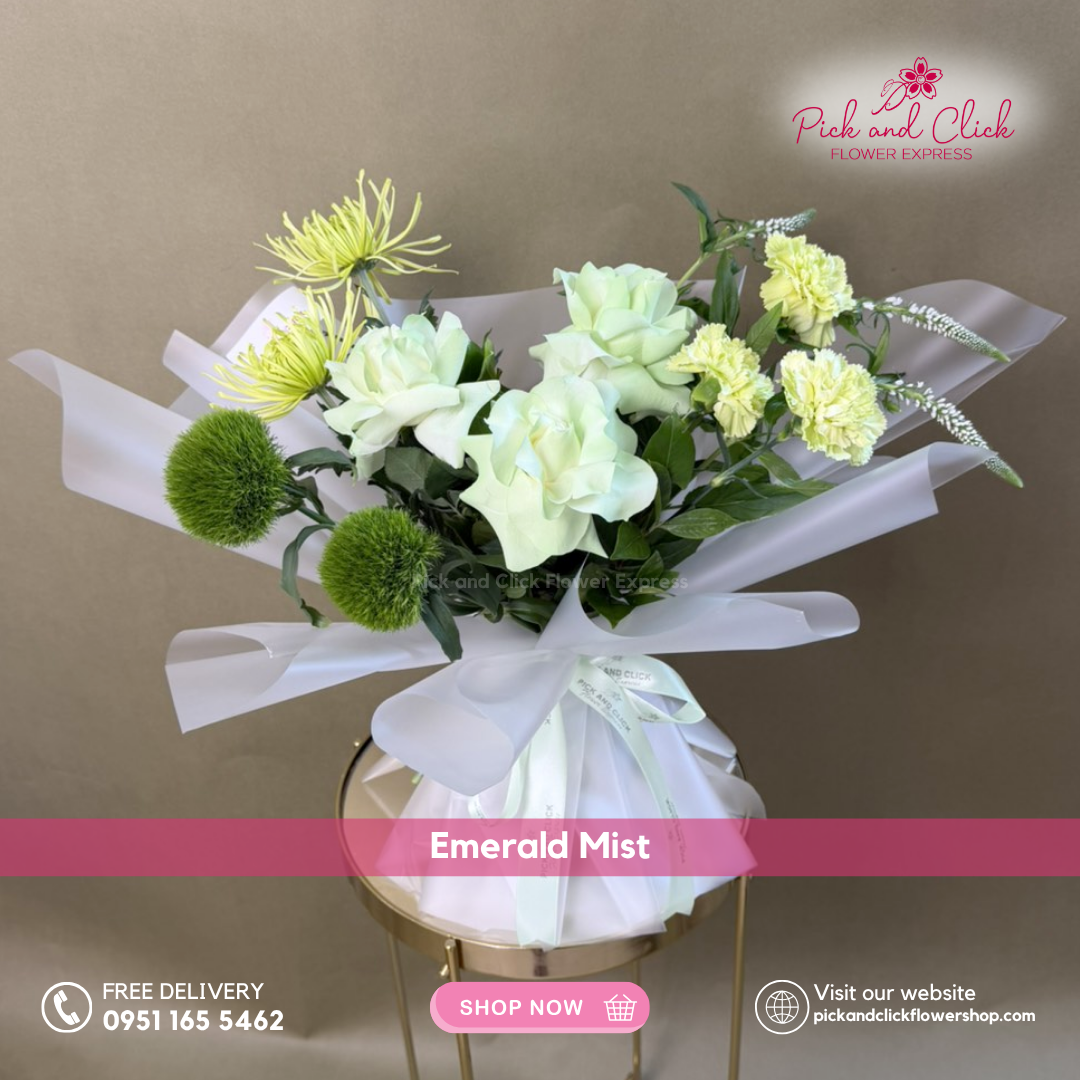 Light green-sprayed rose, green carnation, green trick, green mums, and white veronica bouquet – Metro Manila florist