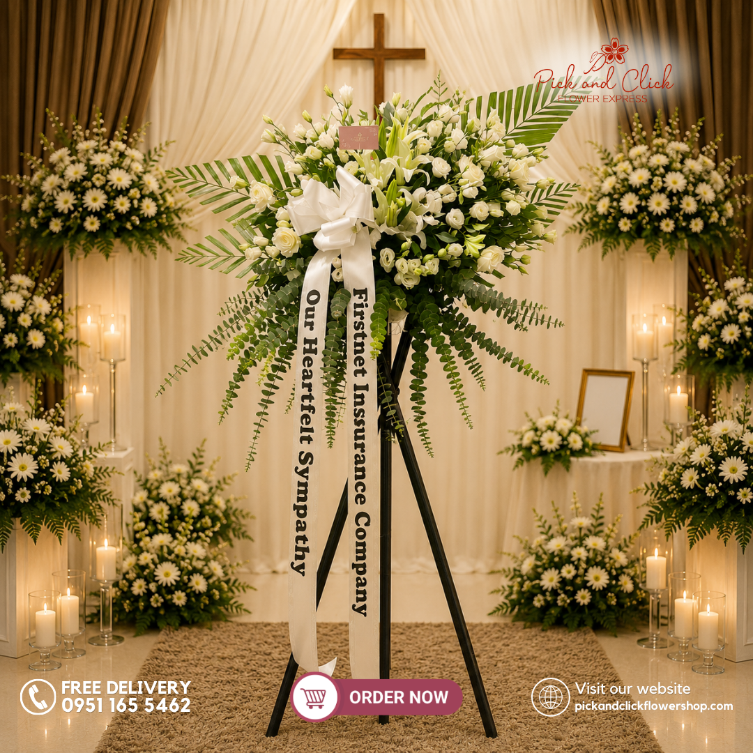 Eternal Peace Funeral Stand featuring Imported White Roses, White Stargazers, White Lisianthus, Palmera, and Eucalyptus in an elegant white and green funeral flower arrangement for sympathy, memorial services, wakes, and condolence tributes in Metro Manila, Philippines.
