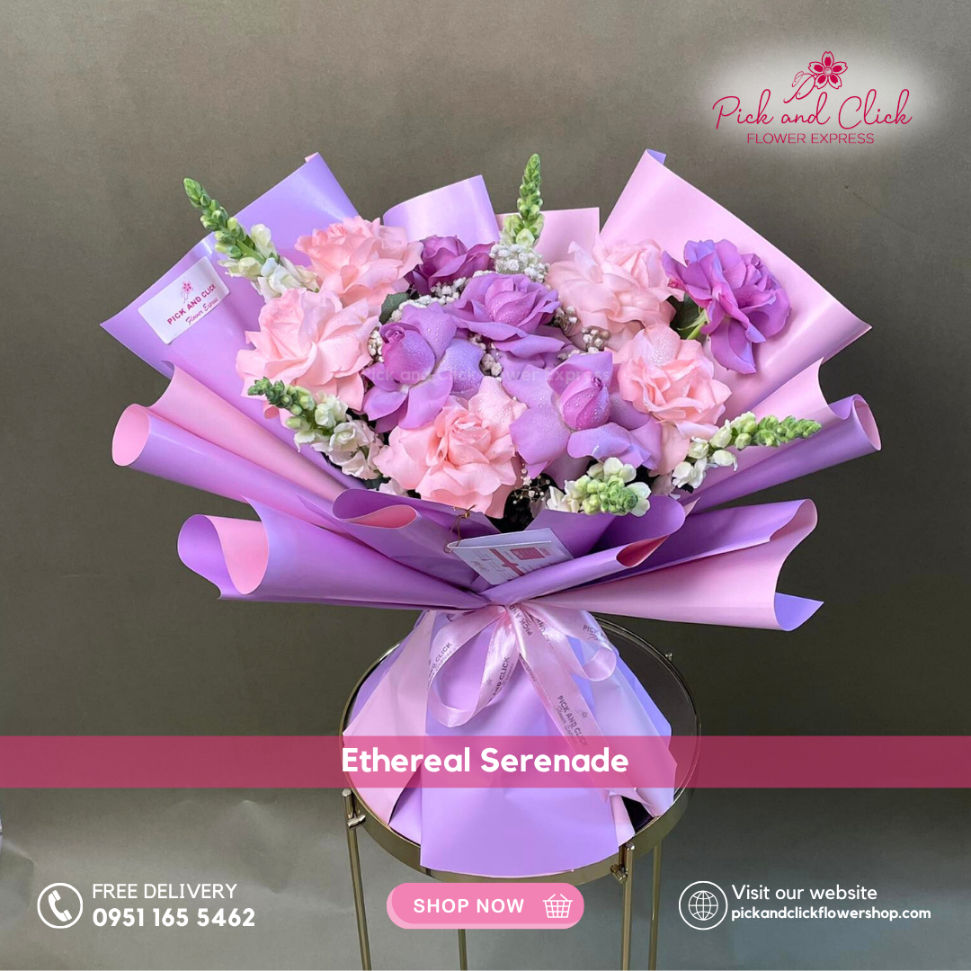 Bouquet of flowers wrapped in purple paper with 'Pick and Click' branding.