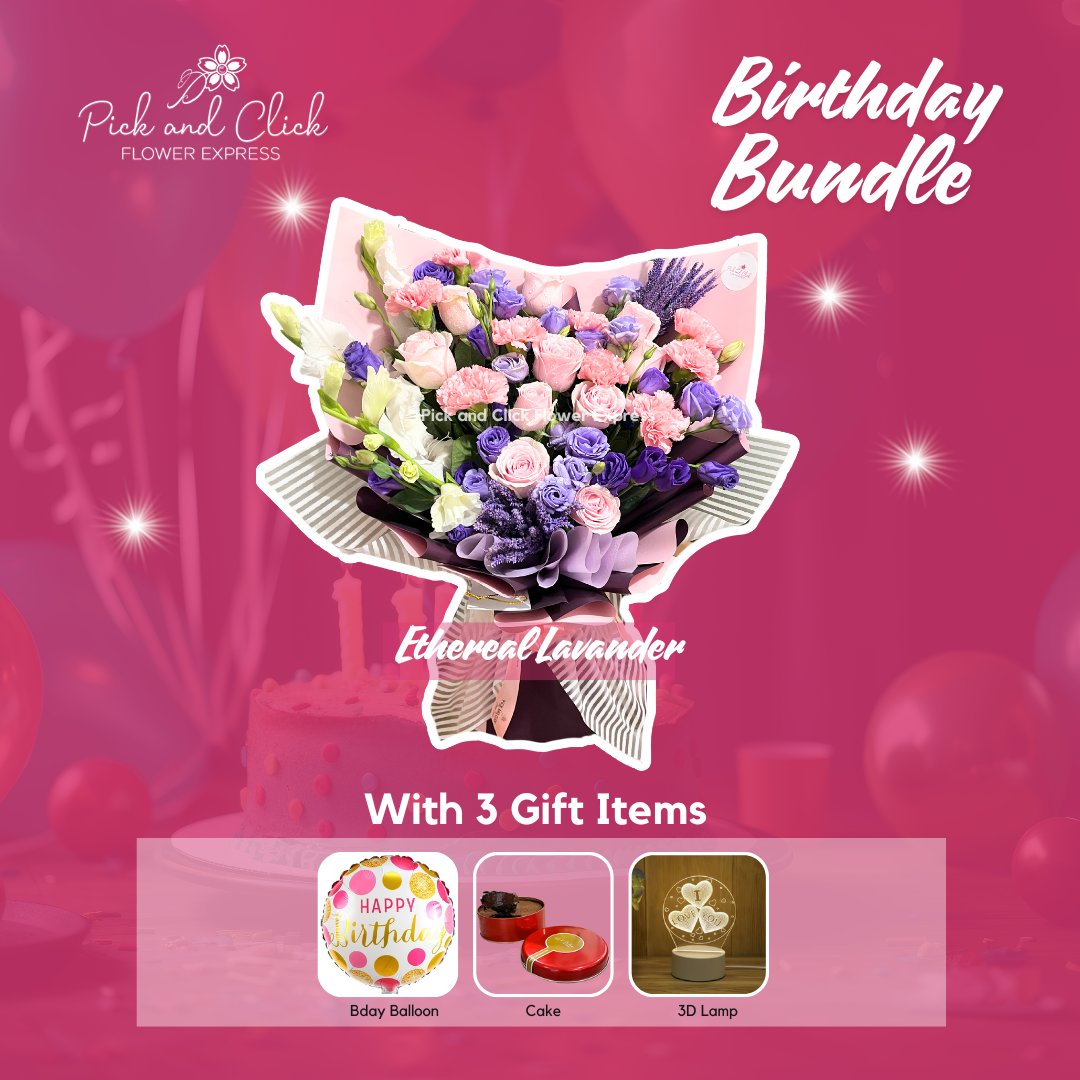 Bouquet of imported light pink roses, pink carnations, purple lisianthus, and azucena — a graceful and romantic floral gift