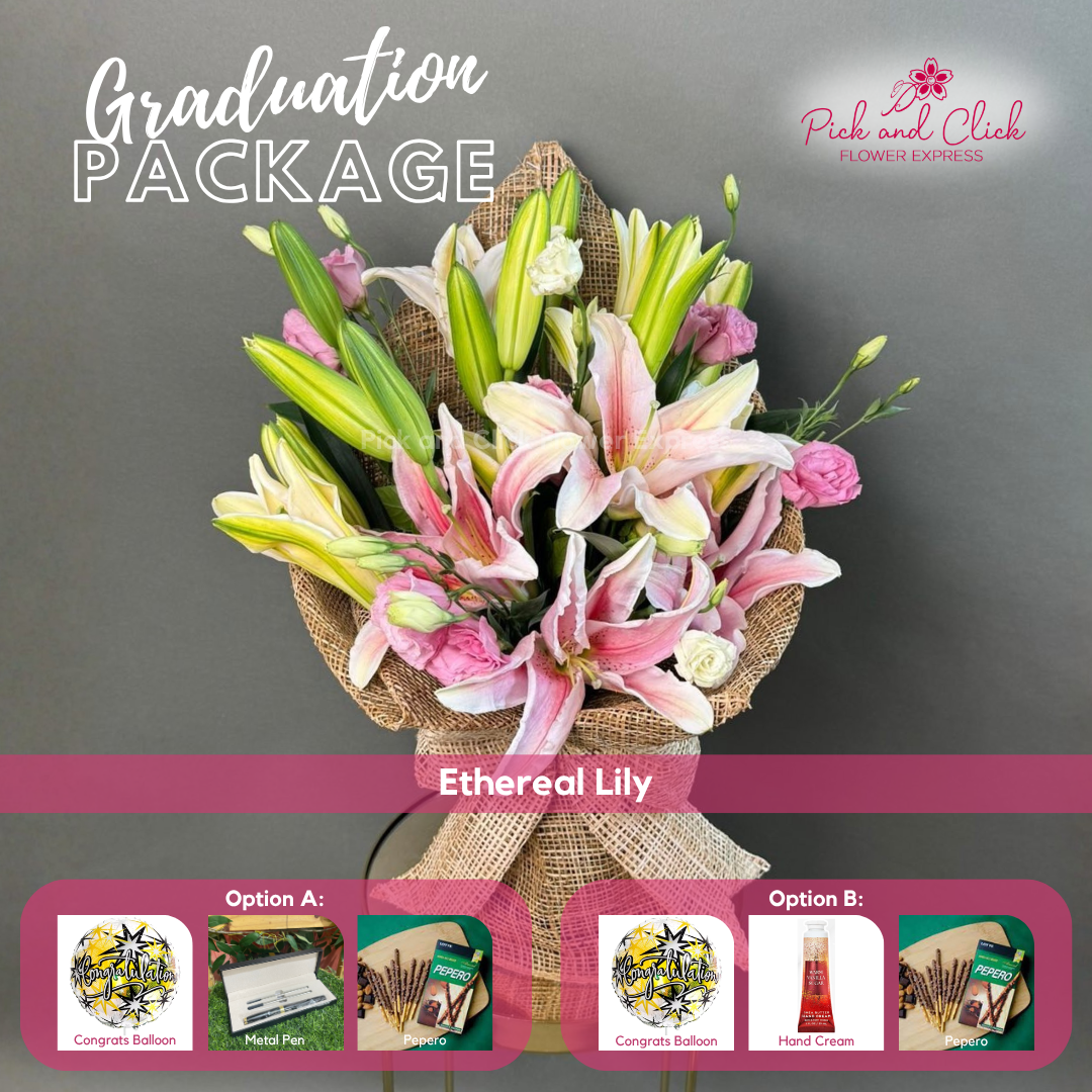 Ethereal Lily Grad Pack featuring 5 stems of pink Sorbonne stargazer lilies and pink lisianthus, arranged with graduation gift add ons, a graceful and elegant floral arrangement perfect for graduation ceremonies, achievements, and memorable celebrations in the Philippines.