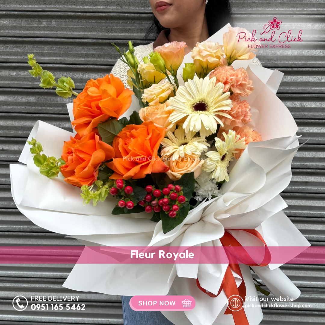Fleur Royale Bouquet featuring imported roses, gerbera, lisianthus, carnations, decorative berries, Bells of Ireland (shell), and dried hydrangea, a luxurious and elegant mixed floral arrangement perfect for grand celebrations, birthdays, and special occasions in the Philippines.