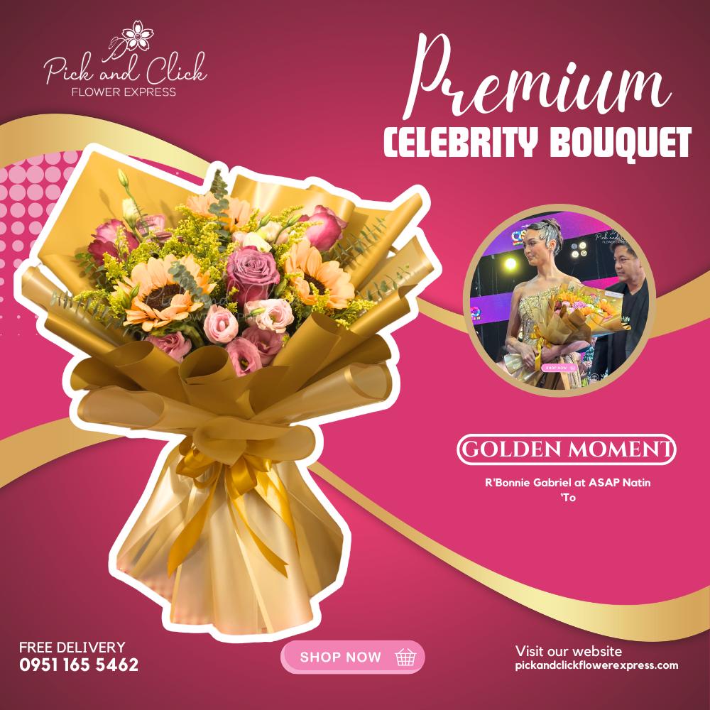 Bouquet of sunflower, pink rose, lisianthus, golden rod, and eucalyptus in gold and yellow wrap — bright and graceful floral gift