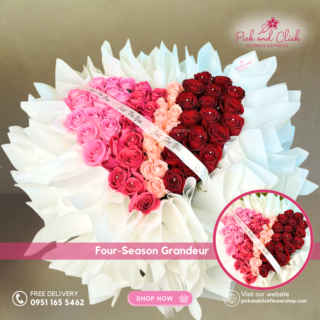 Four-Season Grandeur Bouquet featuring roses in hot pink, fuchsia pink, peach, and red, a vibrant and luxurious multicolor floral arrangement perfect for birthdays, celebrations, and special occasions in the Philippines.