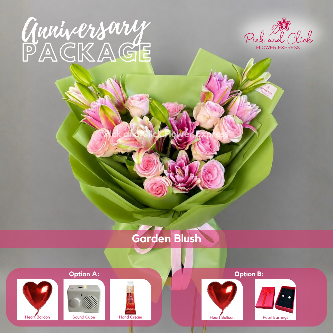 Garden Blush Anniversary Package featuring 10 Light Pink Roses, 3 Stems Double-Petal Pink Lilies, and thoughtful anniversary gift add-ons in the Philippines.