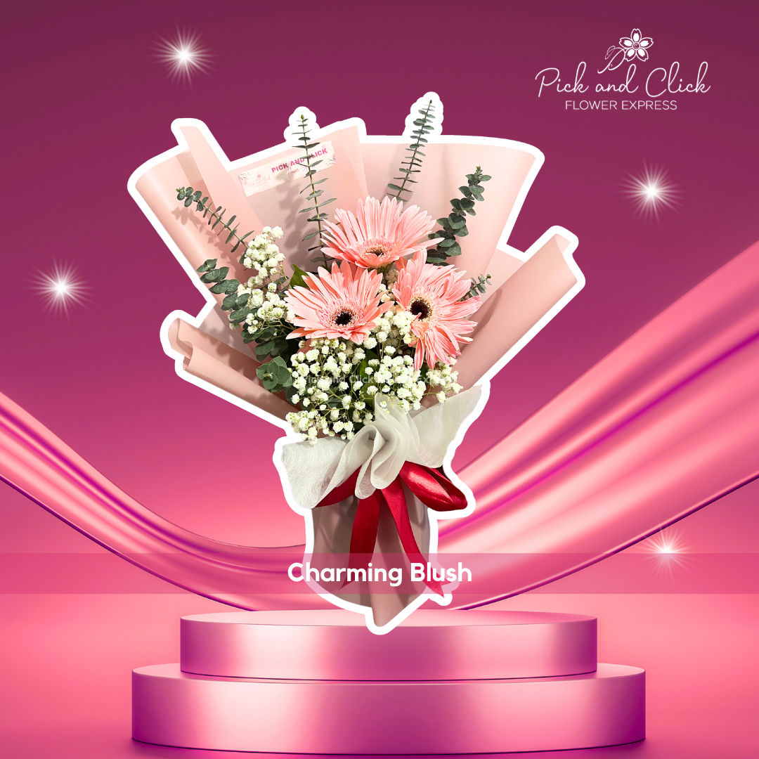 Bouquet of gerbera, gypsophila, and eucalyptus in peach-pink wrap — bright and elegant floral gift
