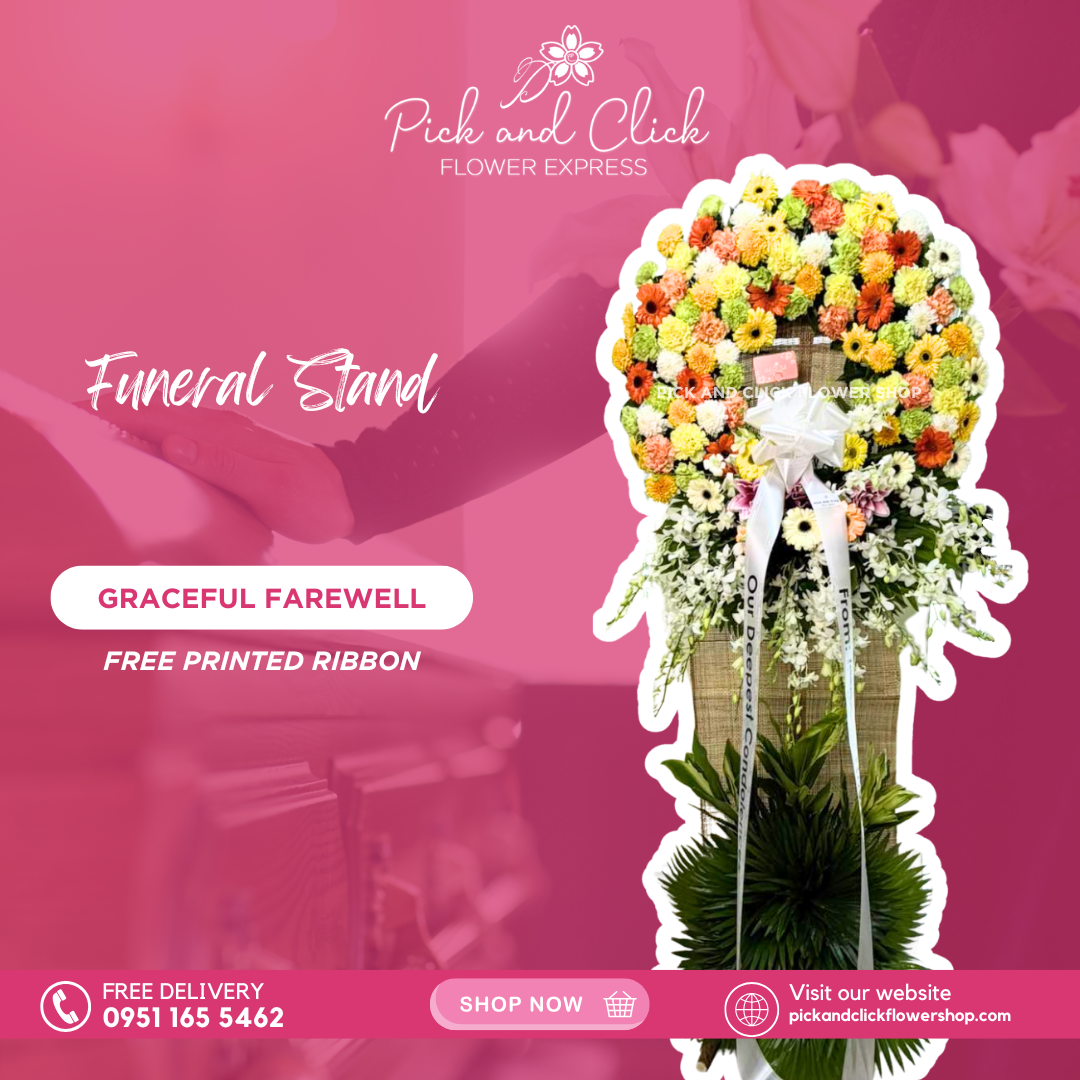 Graceful Farewell Funeral Stand featuring white and yellow flowers, carnations, orange and yellow gerberas, white stargazer lilies, orchids, anahaw, and greenline leaves, a serene and elegant sympathy floral arrangement designed as a respectful tribute for funerals and memorial services in the Philippines.