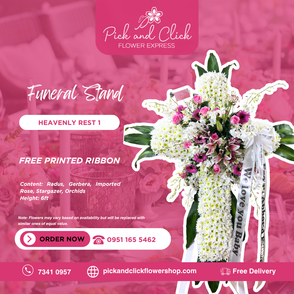 Cross-shaped funeral stand bouquet featuring imported roses, stargazer lilies, orchids, and gerbera in a white and pastel arrangement