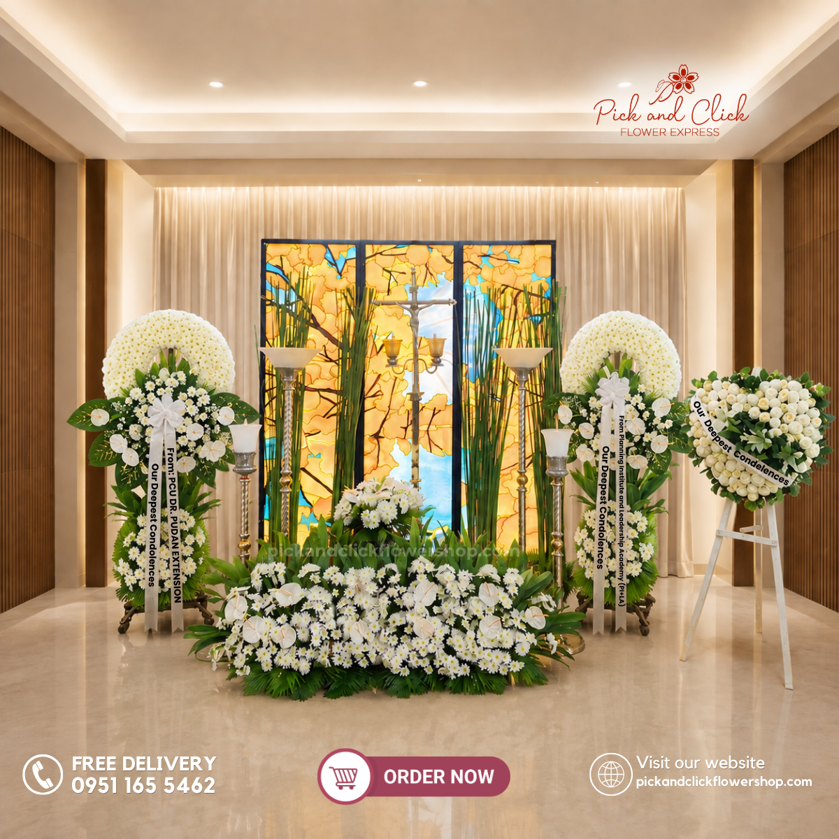 Heavenly Peace Set featuring radus, white roses, Korean roses, wonder white, anthuriums, Casa Blanca lilies, anahaw, bakya leaves, greenline leaves, and rosal, a grand and elegant sympathy floral arrangement designed as a respectful tribute for funerals and memorial services in the Philippines.