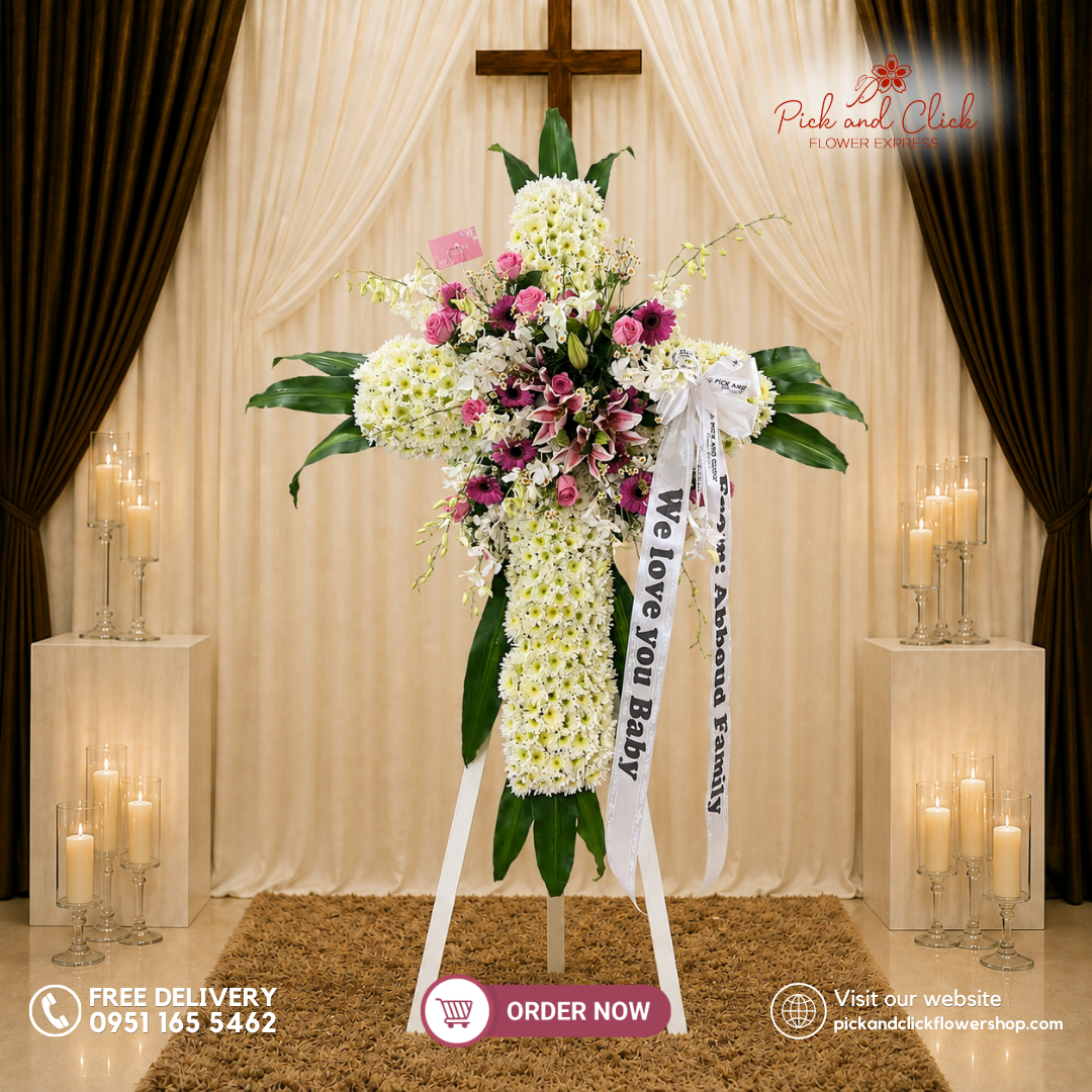 Heavenly Rest 1 Funeral Stand featuring Hot Pink Roses, Pink Stargazers, Pink Gerberas, Orchids, Chamomile, Radus, and Fortune Leaves in a vibrant funeral tribute in the Philippines.