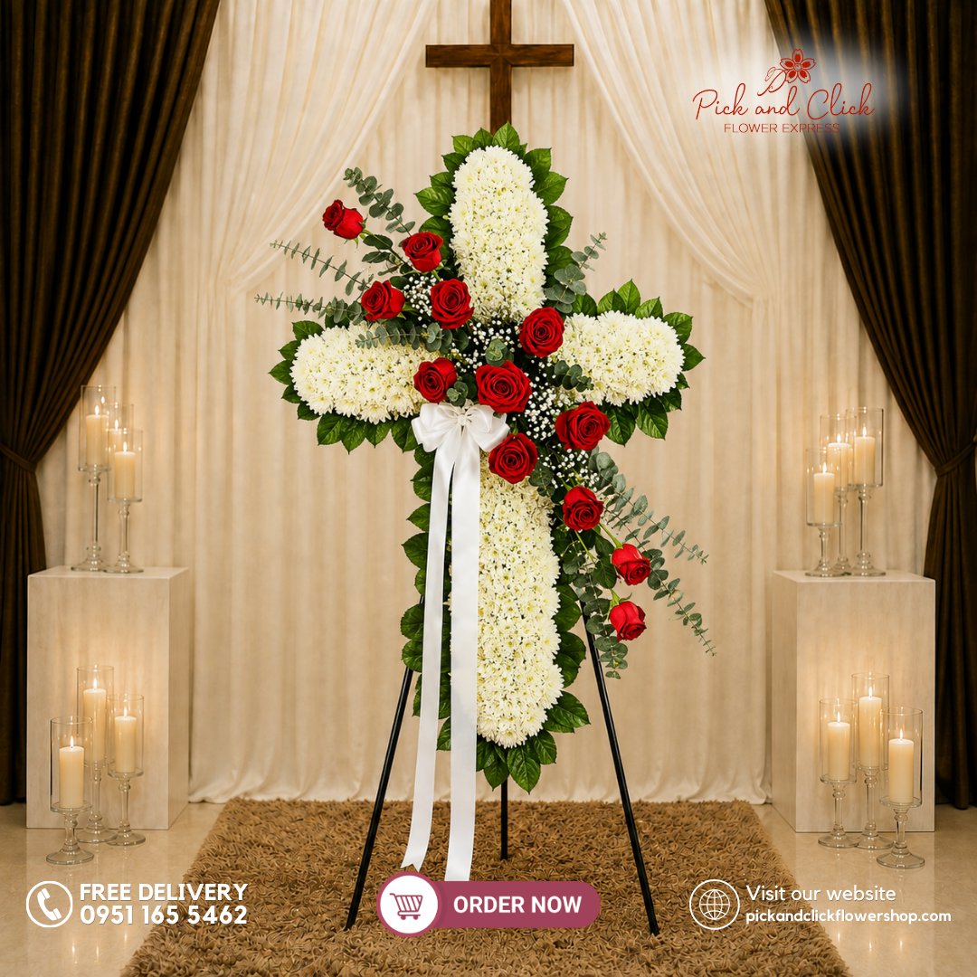 Heavenly Rest 4 Funeral Stand featuring Imported Red Roses, Sunlight Chrysanthemums, Gypsophila, and Eucalyptus in a warm and elegant funeral tribute in the Philippines.