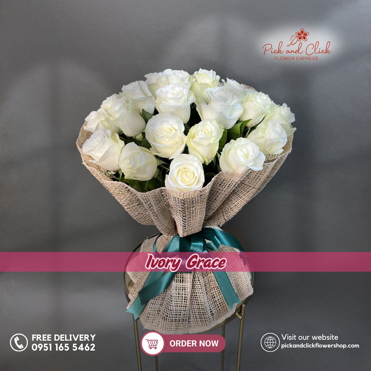 Ivory Grace Bouquet featuring 20 premium white roses in an elegant floral arrangement.