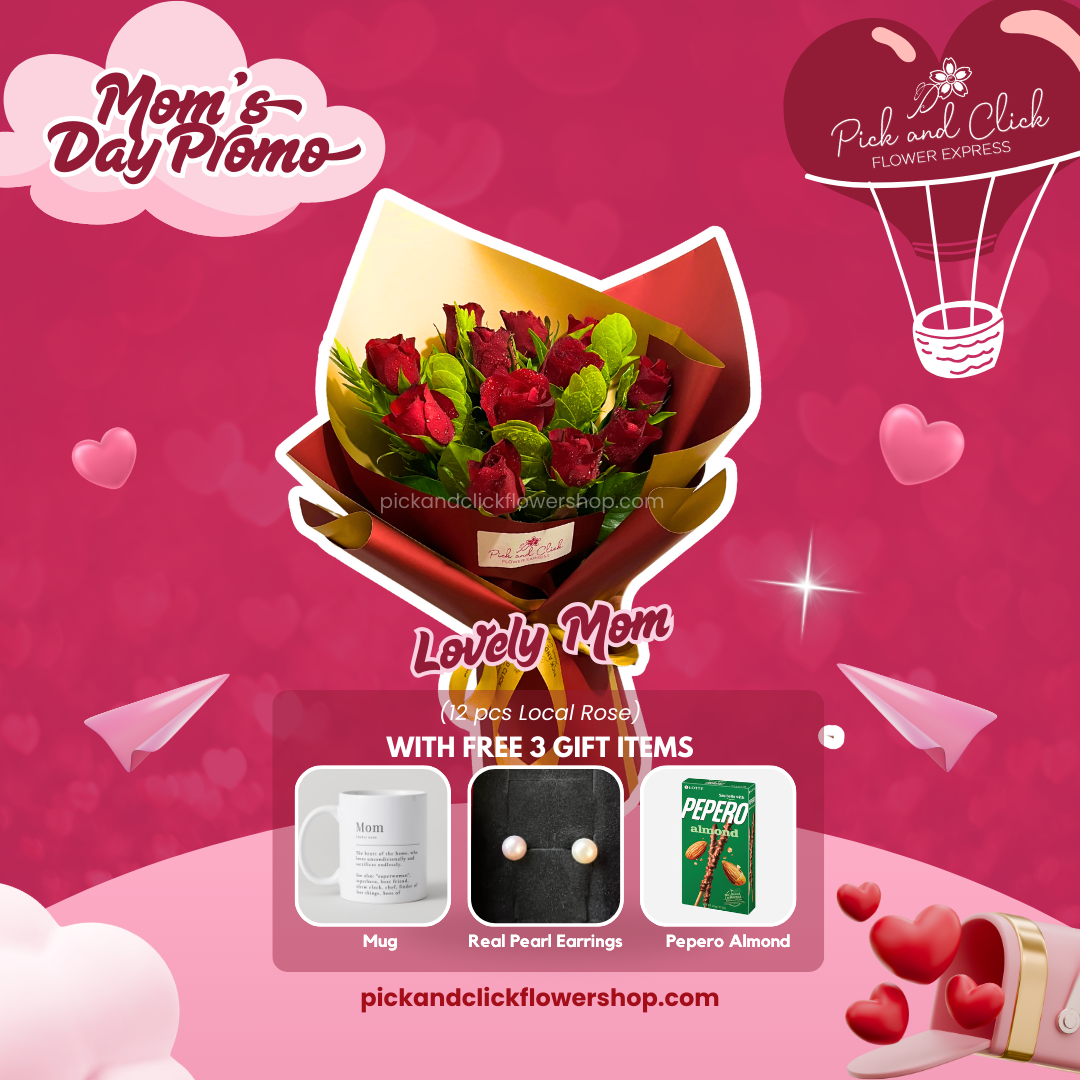 Bouquet of red roses in red and gold wrapping with included freebies — perfect for showing love to a lovely mom