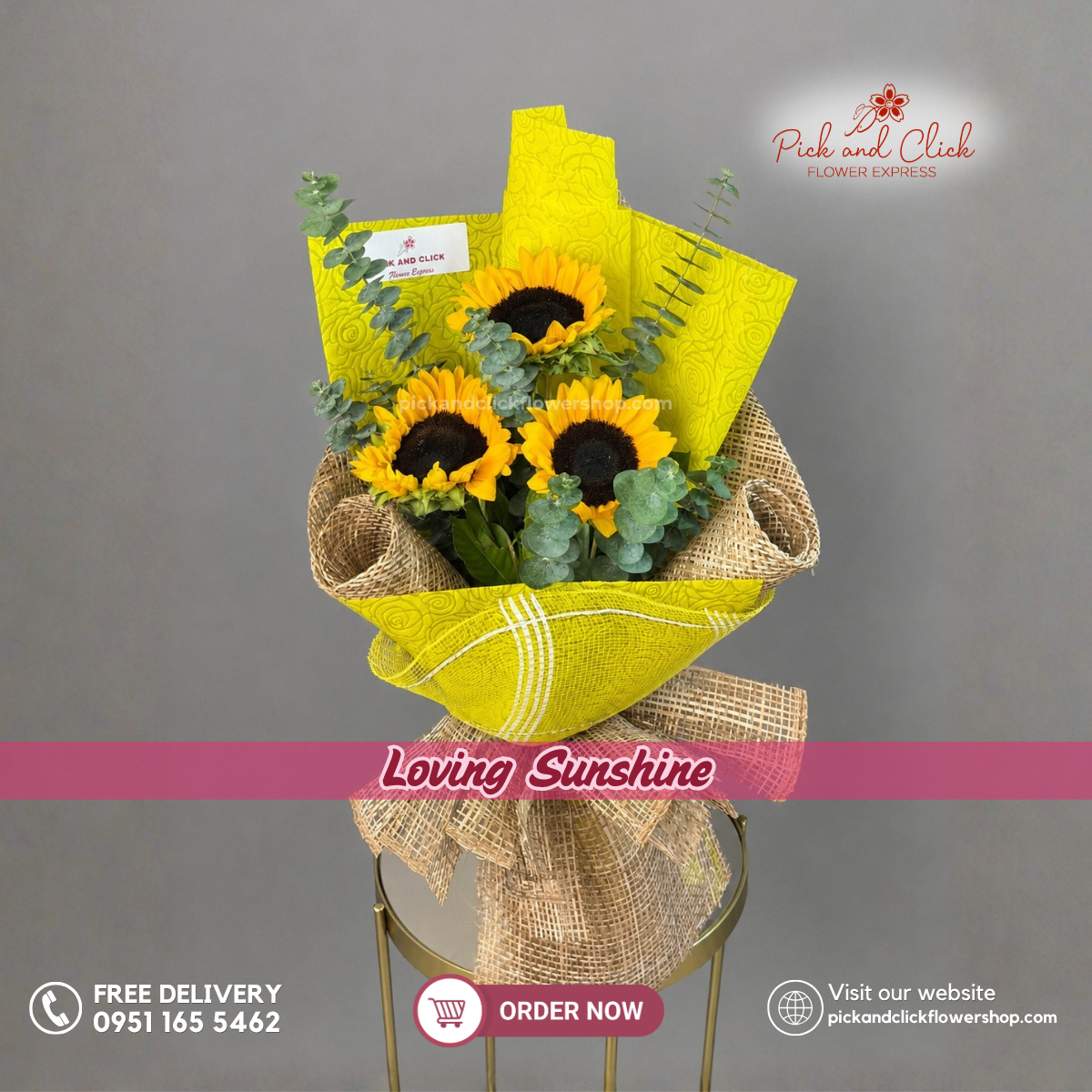 Loving Sunshine Bouquet featuring 3 Sunflowers with Eucalyptus in a bright yellow and green flower bouquet in the Philippines.