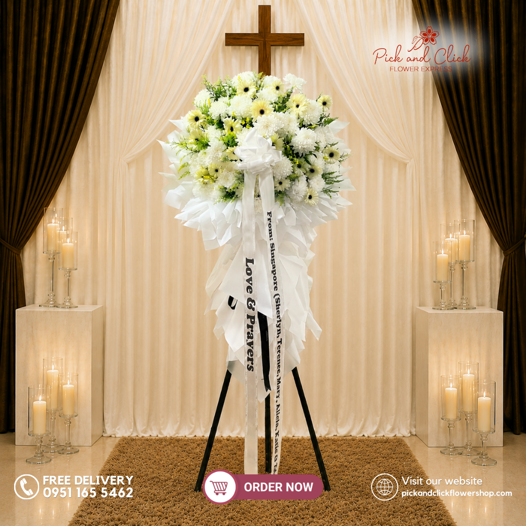 Luminous Farewell Funeral Stand featuring Sunlight Chrysanthemums, White Gerberas, and Golden Rod in a bright and graceful funeral tribute in the Philippines.
