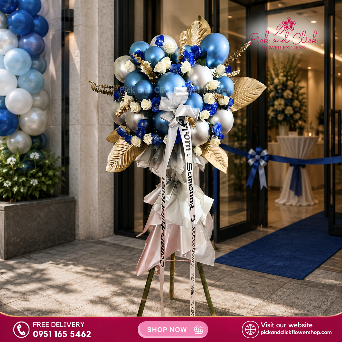 Majestic Luck Opening Stand featuring imported white roses, blue sprayed white roses, gold sprayed eucalyptus, bakya leaves, and balloons, a luxurious and festive floral arrangement designed to symbolize success and prosperity for grand openings and special events in the Philippines.