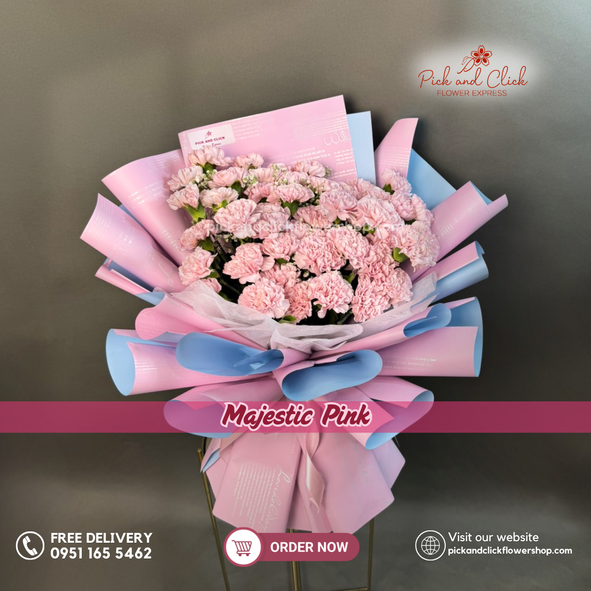 Majestic Pink Bouquet featuring 50 light pink carnations arranged in a luxurious and elegant floral design, a graceful bouquet perfect for birthdays, Mother's Day, anniversaries, congratulations, and special occasions in the Philippines.