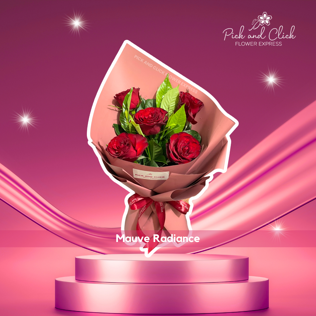 Bouquet of 5 imported red roses wrapped in mauve pink paper, ideal for romantic gifting