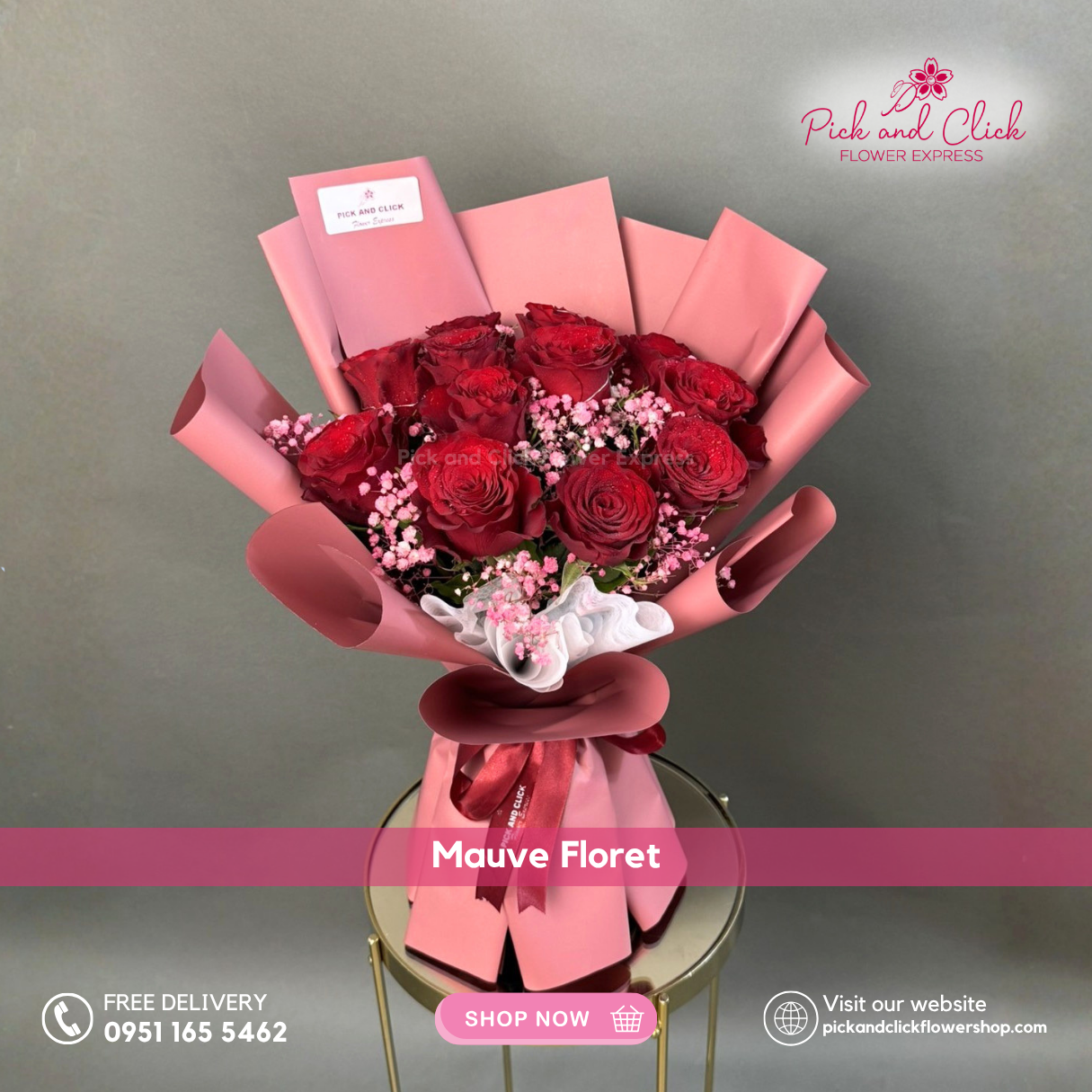 Mauve Floret Bouquet featuring imported red roses accented with pink sprayed gypsophila, a soft yet romantic floral arrangement perfect for anniversaries, birthdays, and special occasions in the Philippines.