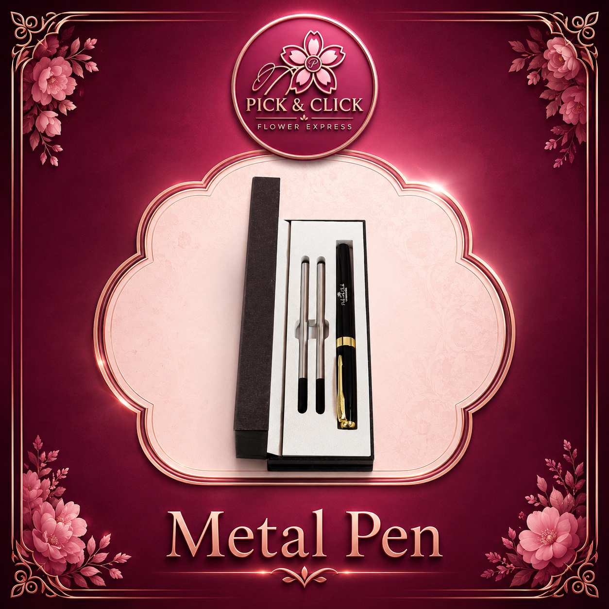 Metal pen with 2 refill add-on gift from Pick and Click Flower Express, perfect with flower bouquets, corporate gifts, birthday gifts, graduation gifts, and flower delivery in Metro Manila, Philippines.