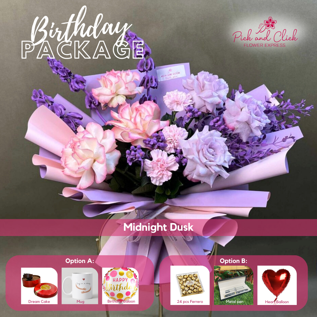 Midnight Dusk Bouquet featuring moody blue roses, two tone pink roses, blue sprayed Bells of Ireland, and parvi leaves, a bold and elegant floral arrangement presented as a birthday gift package with optional add ons in the Philippines