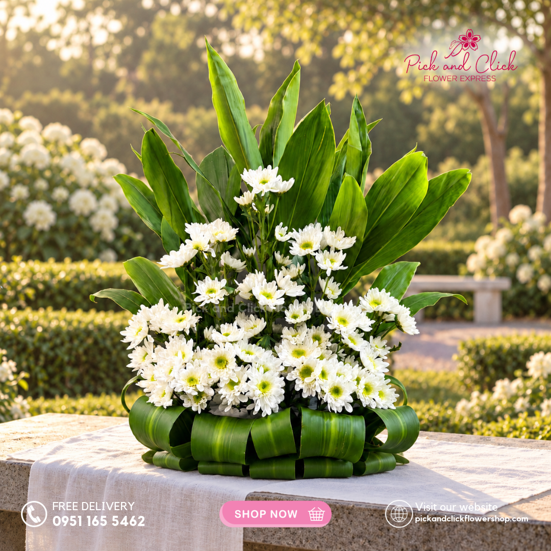Mini Sympathy 17 mini funeral arrangement featuring radus, greenline, and fortune leaves with same-day delivery in the Philippines.