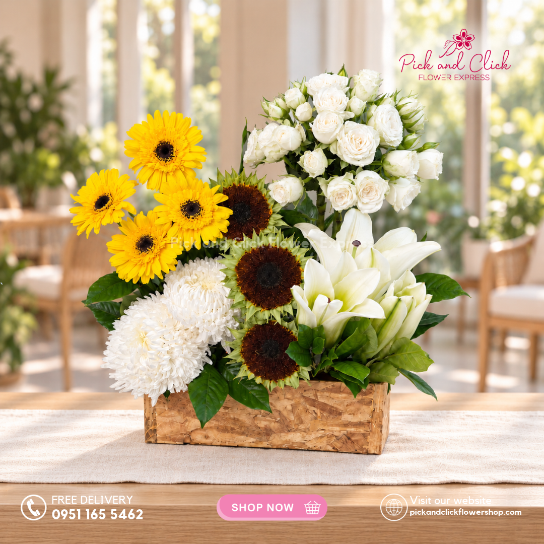 Mini Sympathy 20 mini funeral arrangement with white sunlight chrysanthemum, white spray roses, white lily, sunflower, yellow gerberas, and rosal, available with same-day delivery in the Philippines.